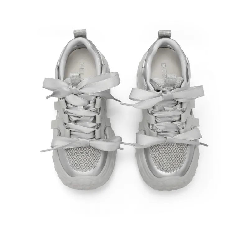 BELLE Slip Resistant, Abrasion Resistant, Breathable, Lightweight Low Top Chunky Sneakers Women's Beige, Silver-8