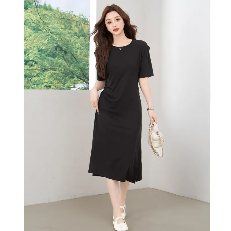 BALENO Solid Color Split Elastic Waistband Design Elegant Casual Fashion Long Skirt Summer Women's-3