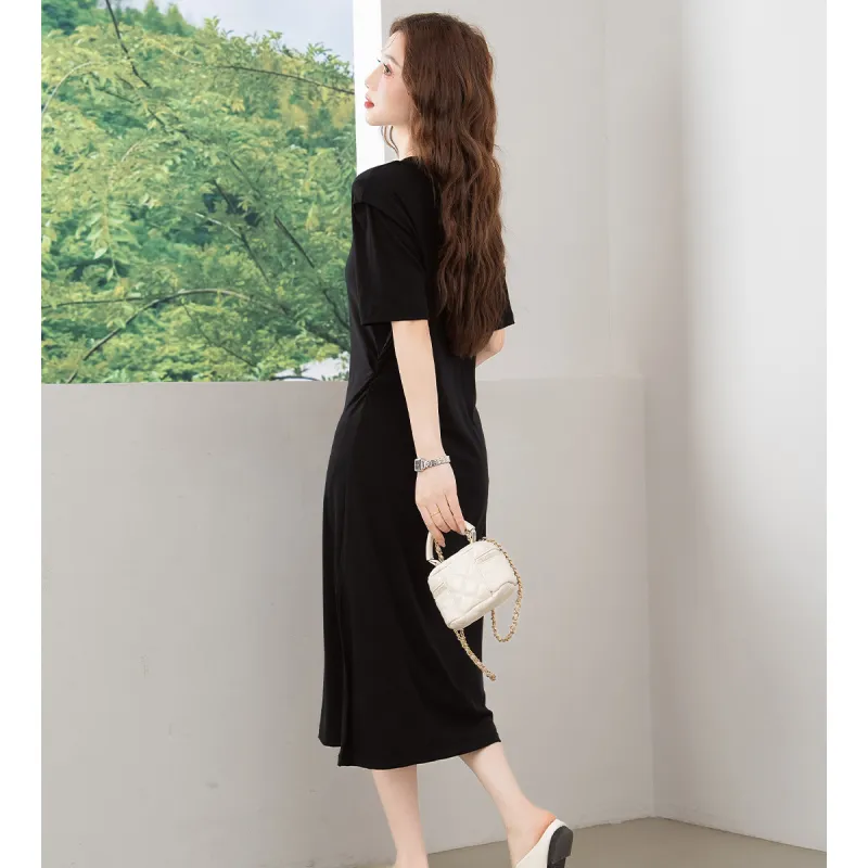 BALENO Solid Color Split Elastic Waistband Design Elegant Casual Fashion Long Skirt Summer Women's-1