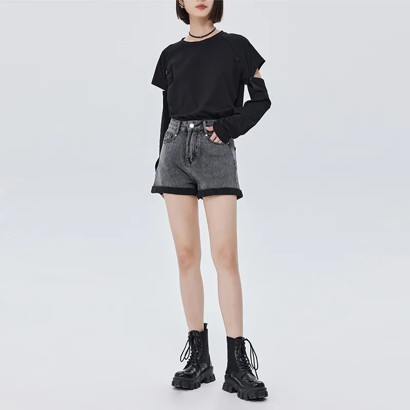 SOON FLOWER Denim Shorts Women's Black Gray Color-3