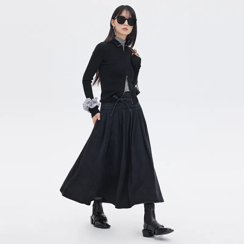 SOON FLOWER Denim Long Skirts Women's Black-4