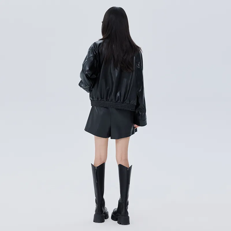 SOON FLOWER Leather Jacket Women's Black-2