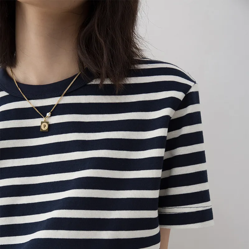 SOON FLOWER Summer T Shirt Women's Blue White Stripes-4