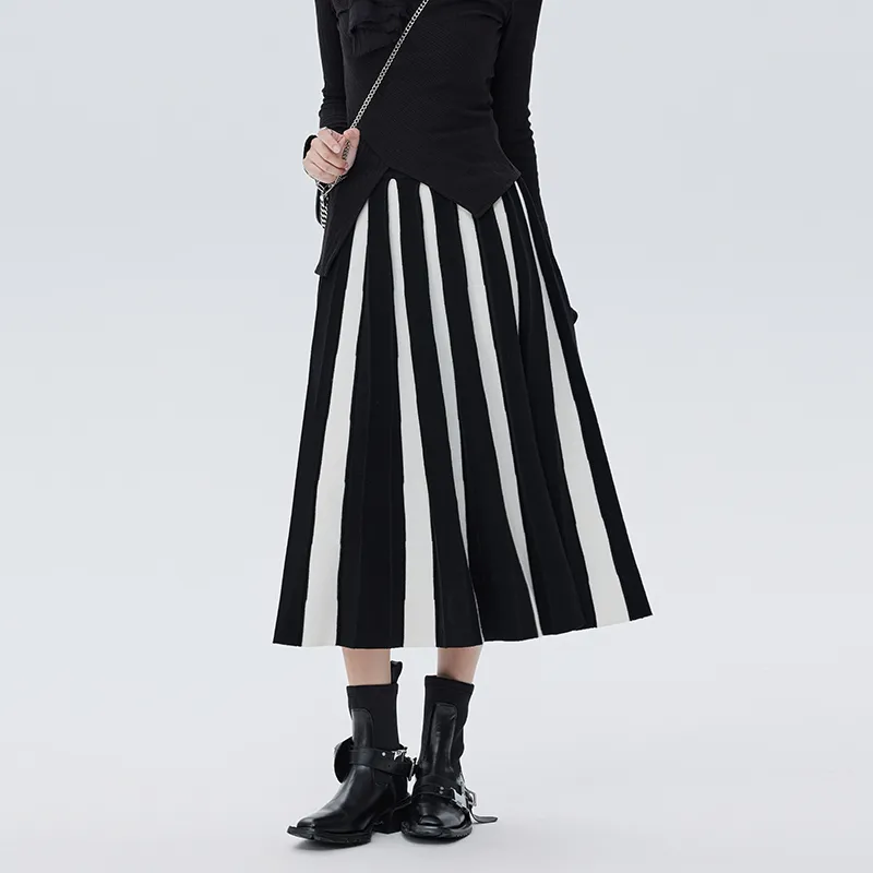 SOON FLOWER Knit Long Skirts Women's Black White-2