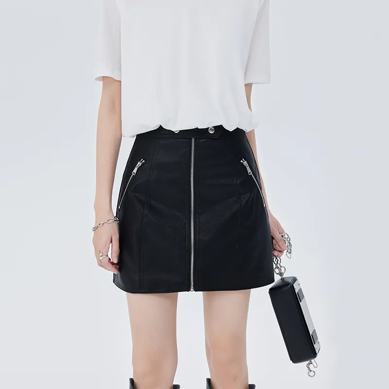 SOON FLOWER Spring Leather Short Skirts Women's Black-2