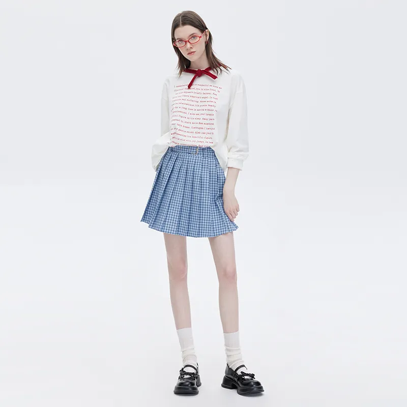 SOON FLOWER Casual Short Skirts Women's Blue Plaid-3