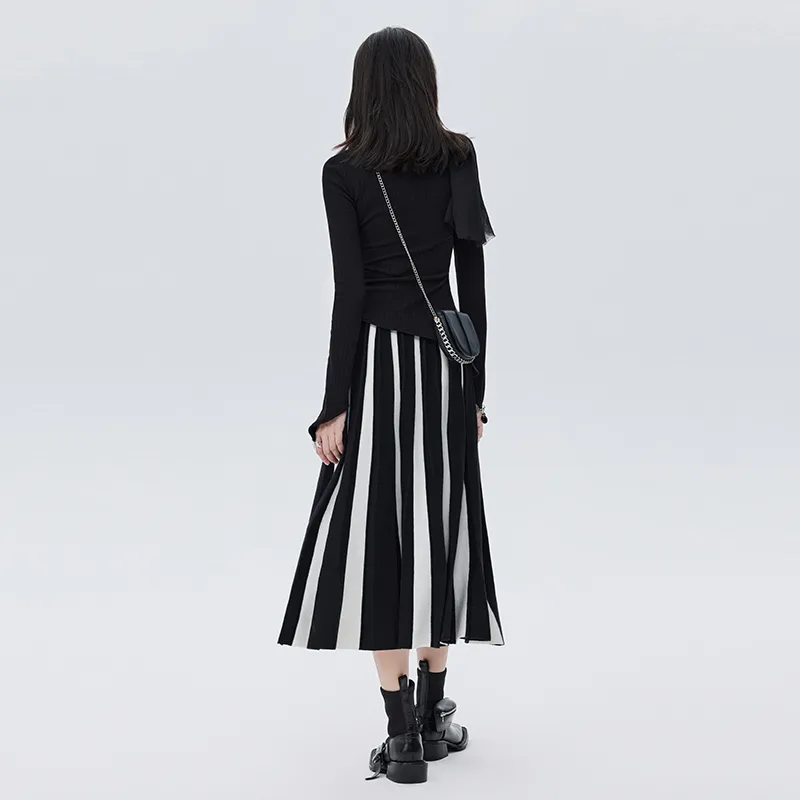 SOON FLOWER Knit Long Skirts Women's Black White-3