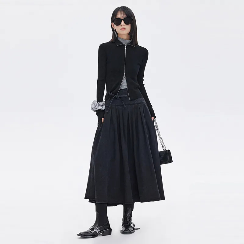 SOON FLOWER Denim Long Skirts Women's Black-2