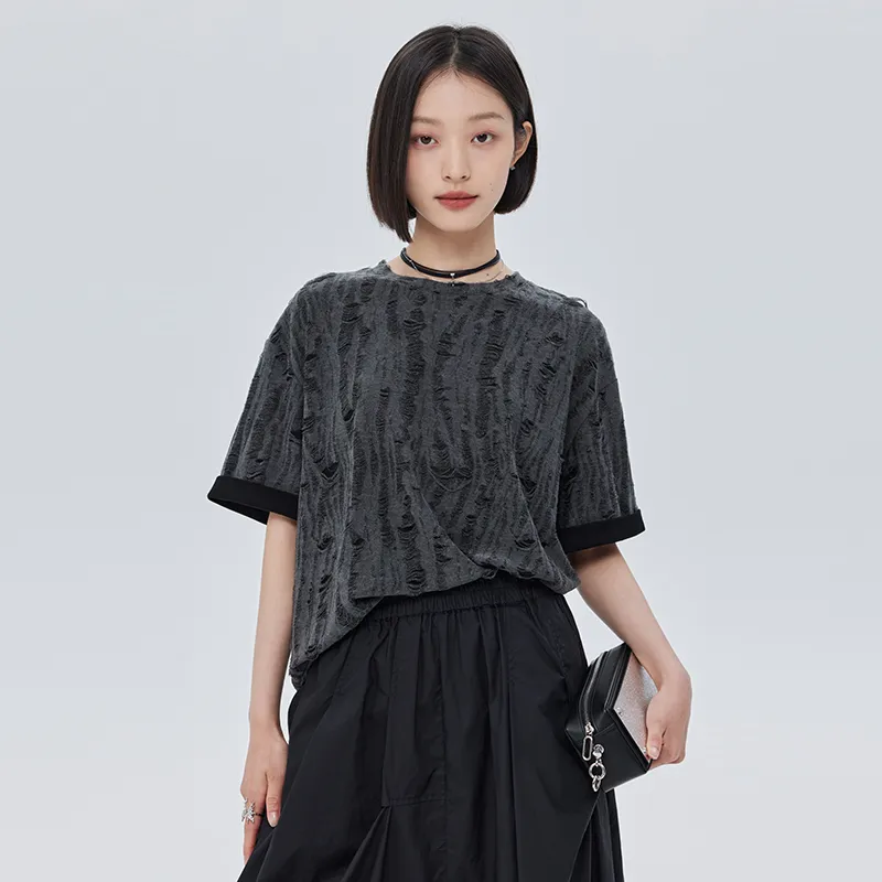 SOON FLOWER Drop Shoulder Sleeve Short Sleeved T Shirts Women's Dark Gray-5
