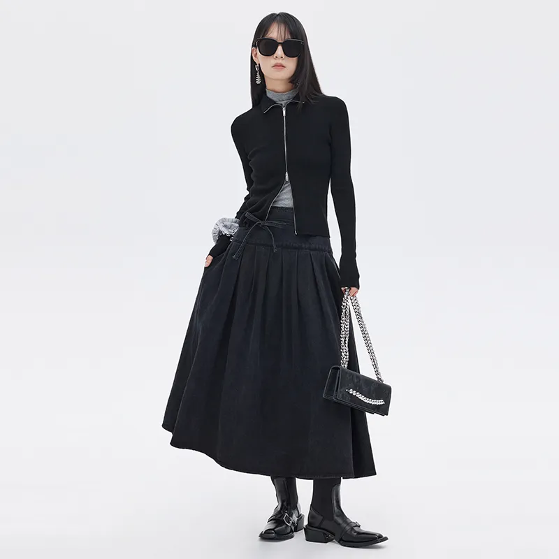 SOON FLOWER Denim Long Skirts Women's Black-3