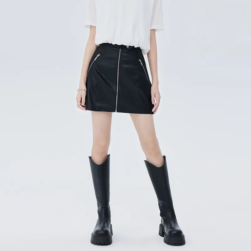 SOON FLOWER Spring Leather Short Skirts Women's Black-3