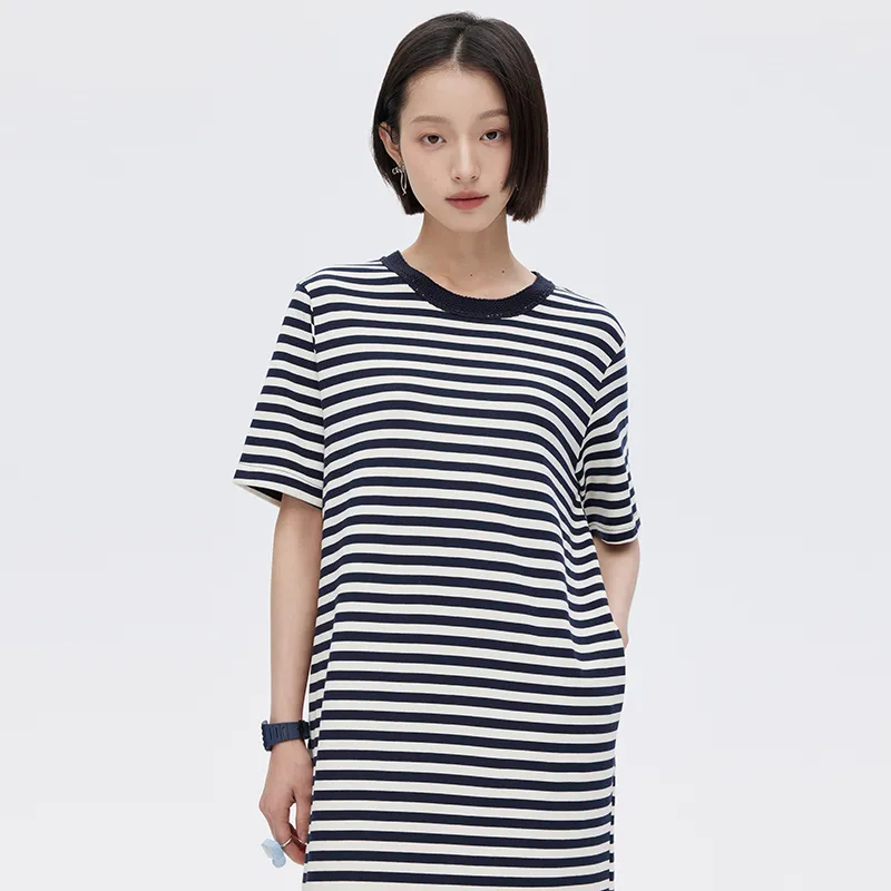SOON FLOWER Summer Short Sleeved Dress Women's Royal Blue Stripes-4