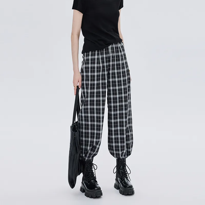 SOON FLOWER Casual Pants Women's Black White Plaid-2