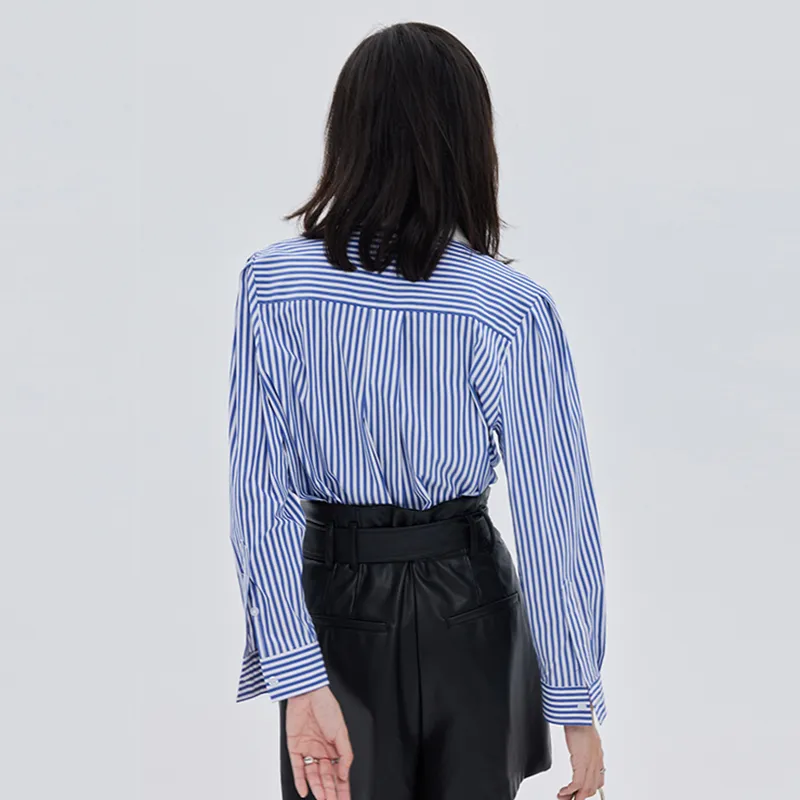 SOON FLOWER Shirt Women's Blue White Stripes-2