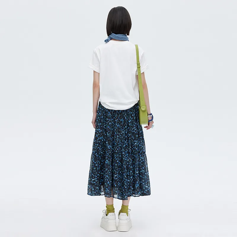 SOON FLOWER Casual Long Skirt Women's Black Sole Blue Floral-2