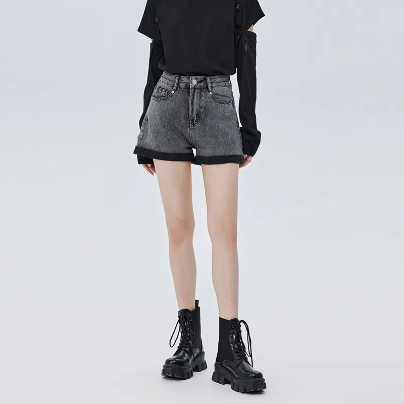 SOON FLOWER Denim Shorts Women's Black Gray Color-2