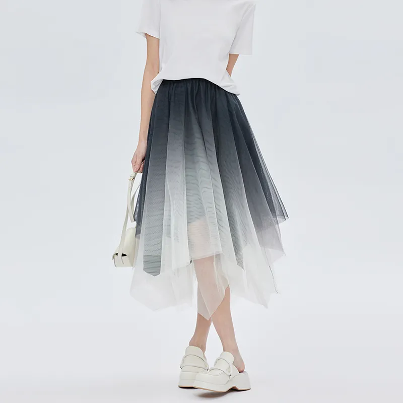 SOON FLOWER Casual Long Skirts Women's Black White Gradient-2