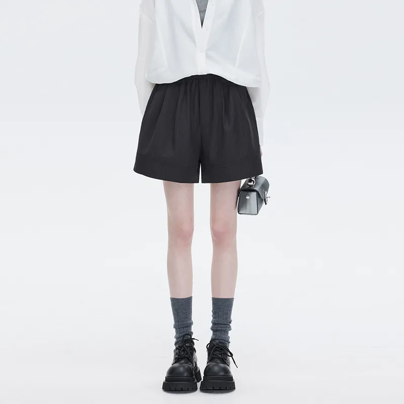 SOON FLOWER Casual Shorts Women's Black Stripes Pattern-3