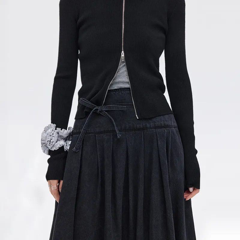 SOON FLOWER Denim Long Skirts Women's Black-5