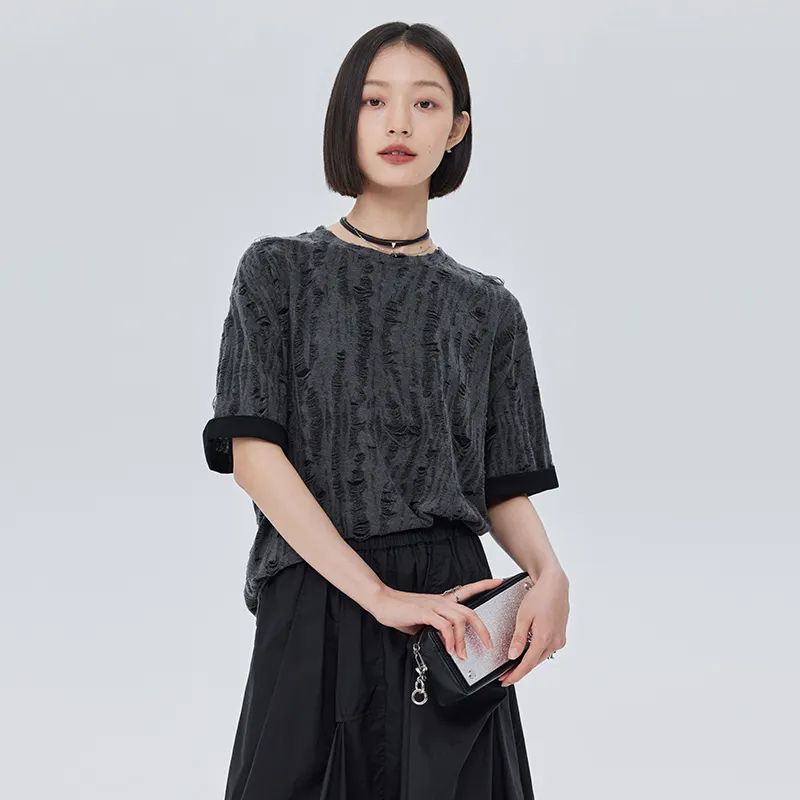 SOON FLOWER Drop Shoulder Sleeve Short Sleeved T Shirts Women's Dark Gray-4