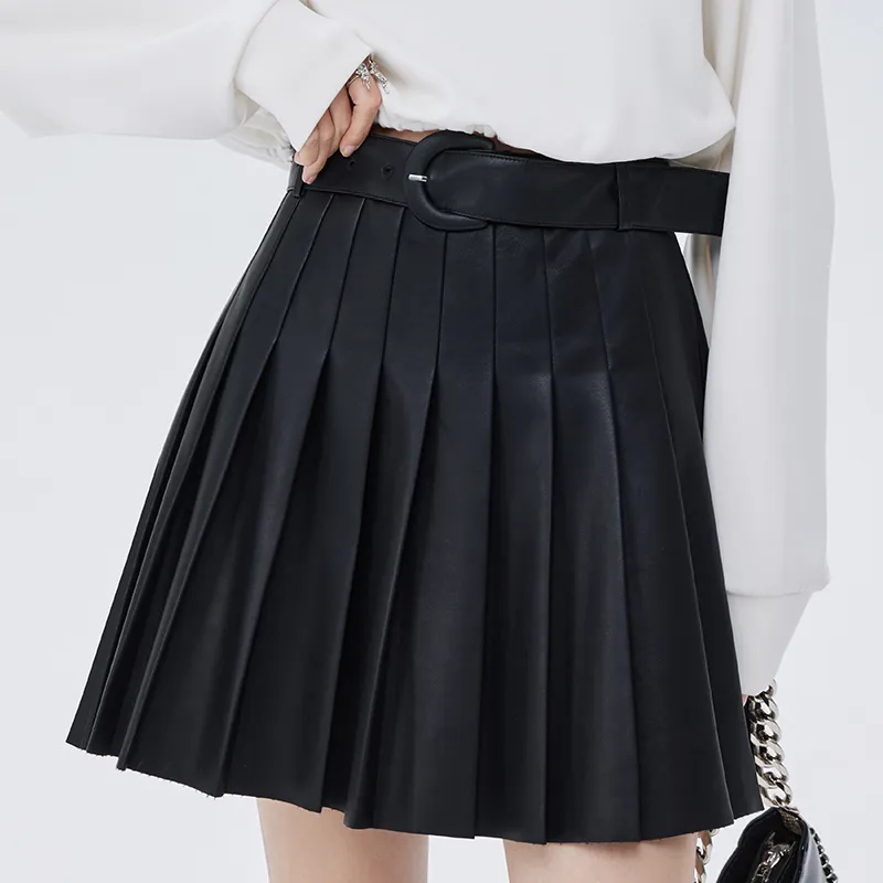 SOON FLOWER Leather Short Skirts Women's Black-3