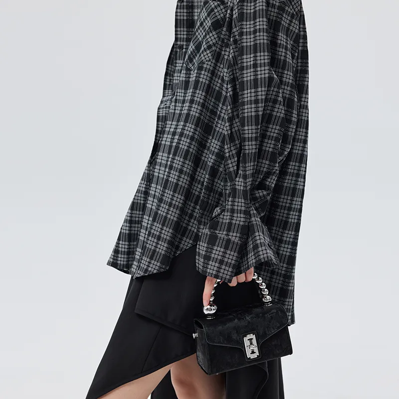 SOON FLOWER Shirt Women's Black White Plaid-3