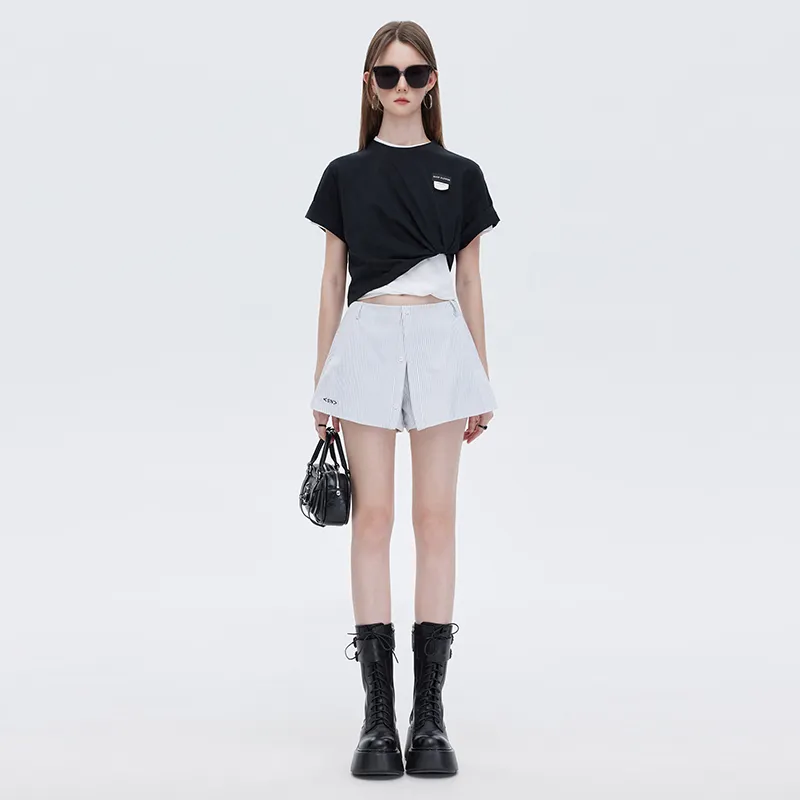 SOON FLOWER Casual Shorts Women's Black White Stripes-2