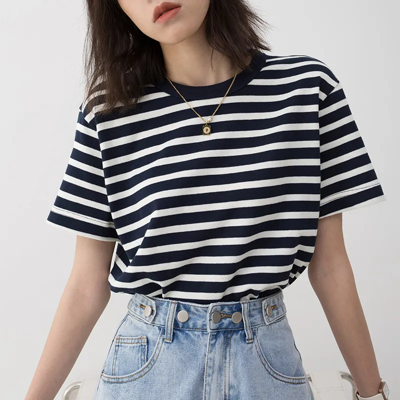 SOON FLOWER Summer T Shirt Women's Blue White Stripes-2