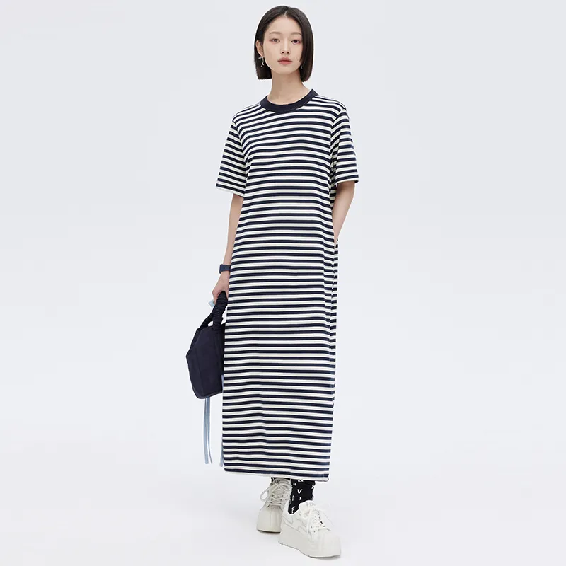 SOON FLOWER Summer Short Sleeved Dress Women's Royal Blue Stripes-2