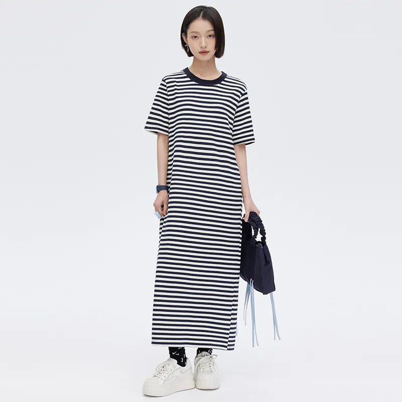 SOON FLOWER Summer Short Sleeved Dress Women's Royal Blue Stripes-3