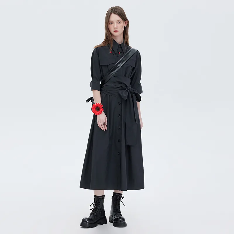 SOON FLOWER Long Sleeved Dress Women's Charcoal Gray-3