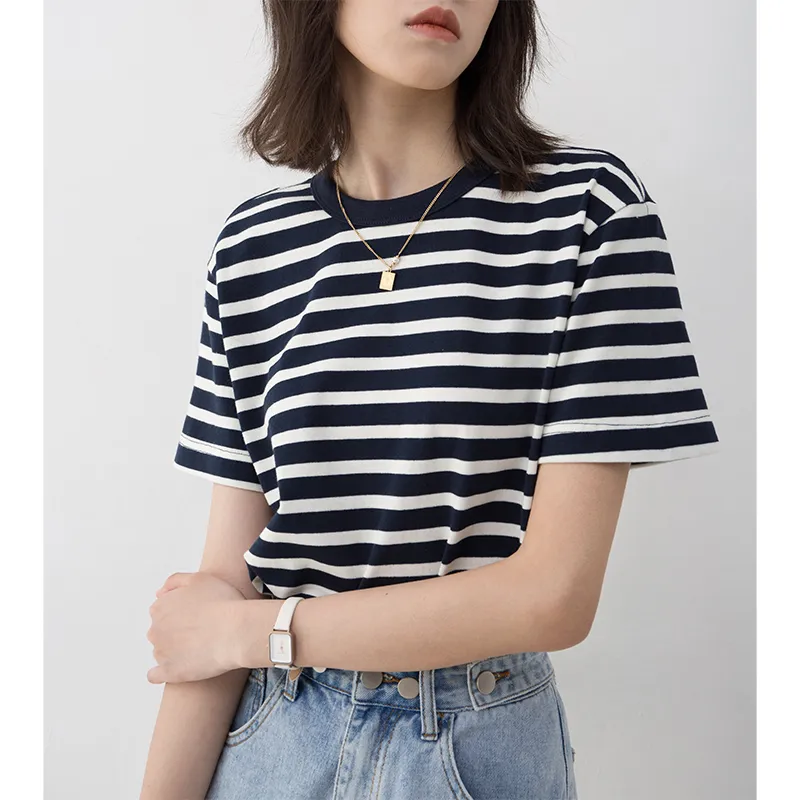 SOON FLOWER Summer T Shirt Women's Blue White Stripes-3