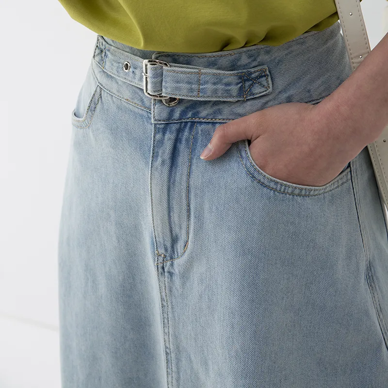 SOON FLOWER Denim Long Skirts Women's Light Blue-5