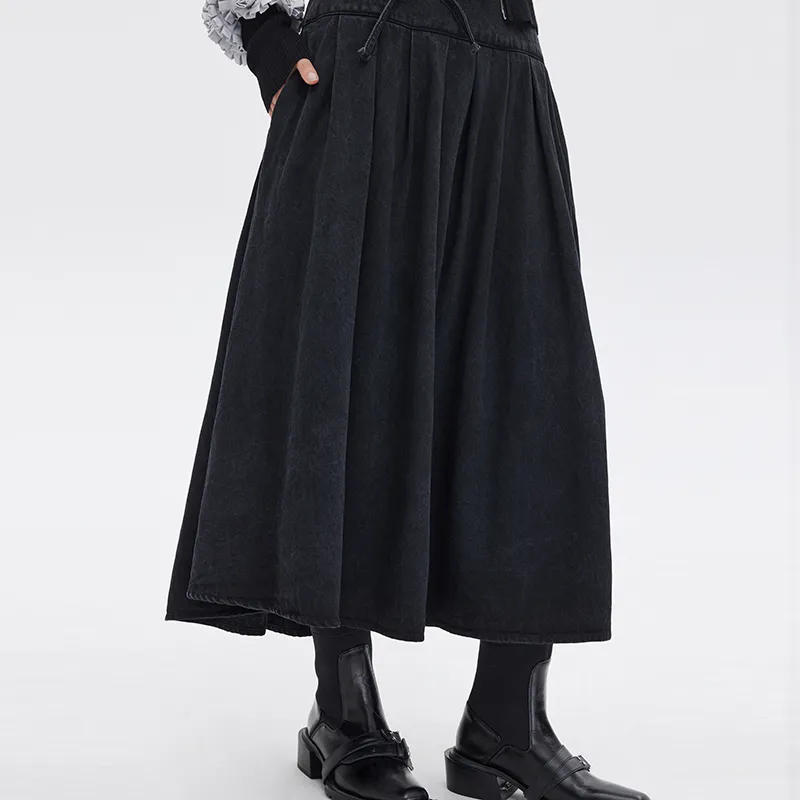SOON FLOWER Denim Long Skirts Women's Black-6
