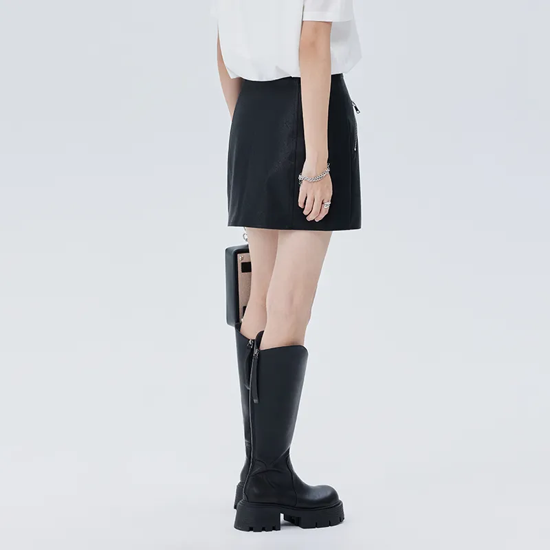 SOON FLOWER Spring Leather Short Skirts Women's Black-5