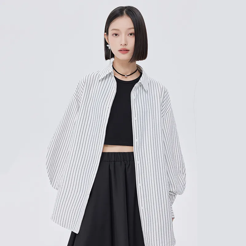 SOON FLOWER Spring Shirt Women's Black White Stripes-4