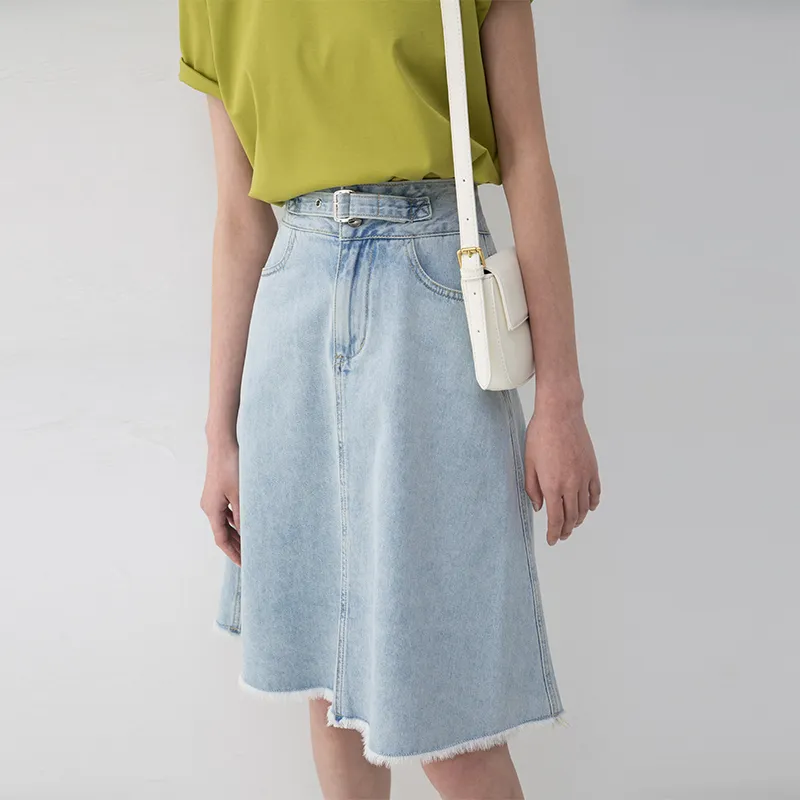 SOON FLOWER Denim Long Skirts Women's Light Blue-3