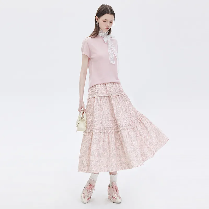 SOON FLOWER Half Length Long Skirt Women's Pink-4