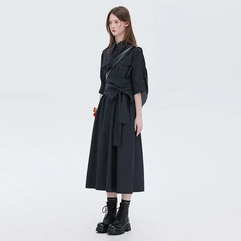 SOON FLOWER Long Sleeved Dress Women's Charcoal Gray-5
