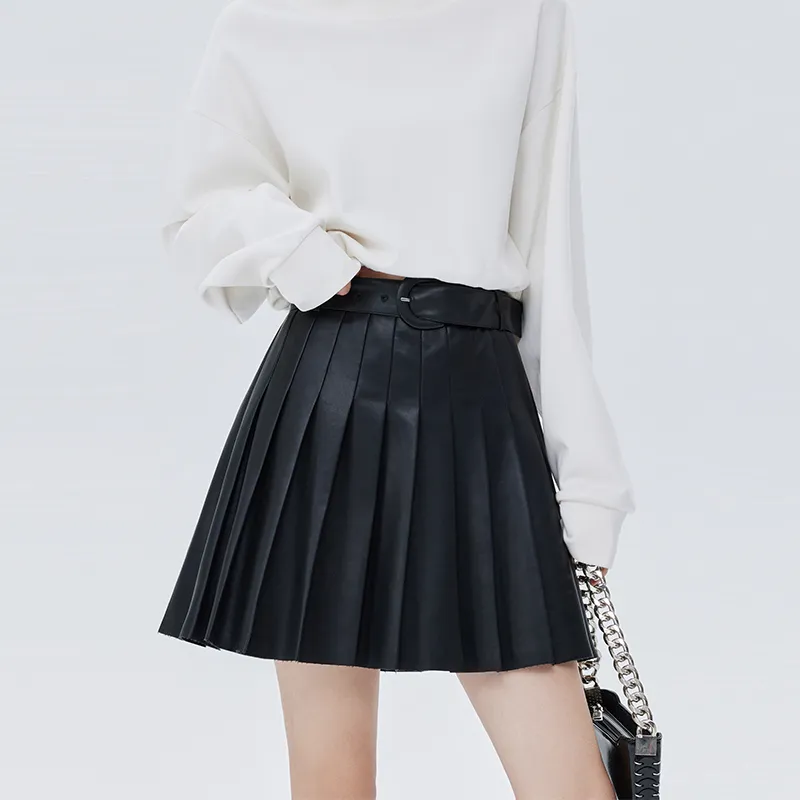 SOON FLOWER Leather Short Skirts Women's Black-2