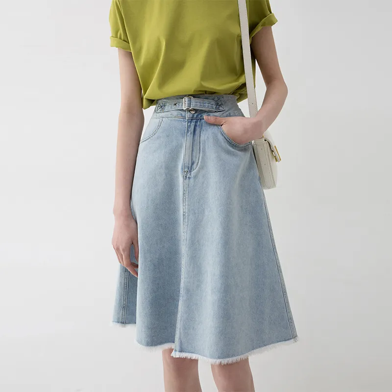 SOON FLOWER Denim Long Skirts Women's Light Blue-2