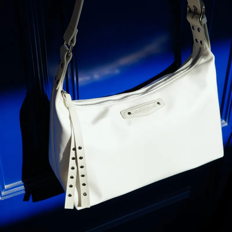 NOX ACTION Nylon With Cow Leather Shoulder Bag, Crossbody Bag Regular Women's Milk Gray White/Premium Black-2