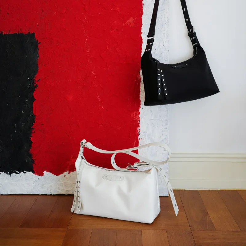 NOX ACTION Nylon With Cow Leather Shoulder Bag, Crossbody Bag Regular Women's Milk Gray White/Premium Black-3
