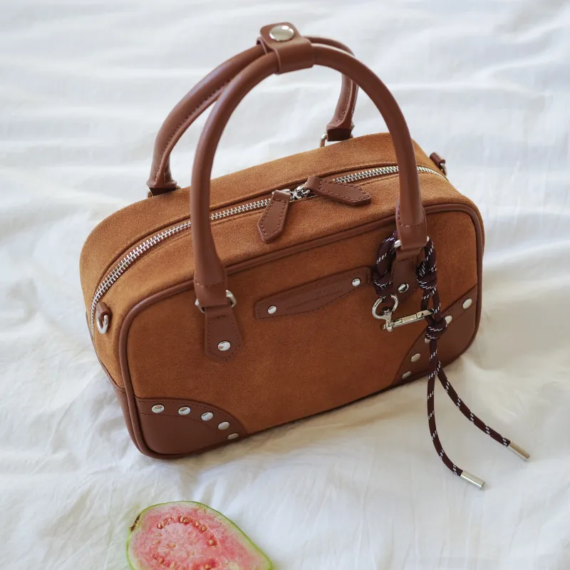 NOX ACTION Cow Leather With Suede Stud Boston Bag, Bowling Bag, Handbag Regular Women's Chestnut Brown-2