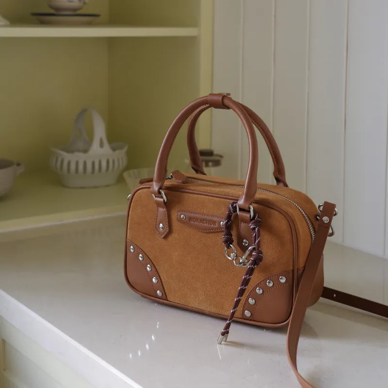 NOX ACTION Cow Leather With Suede Stud Boston Bag, Bowling Bag, Handbag Regular Women's Chestnut Brown-5