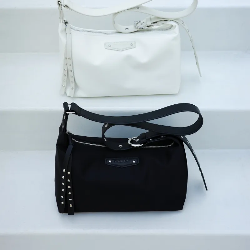 NOX ACTION Nylon With Cow Leather Shoulder Bag, Crossbody Bag Regular Women's Milk Gray White/Premium Black-6