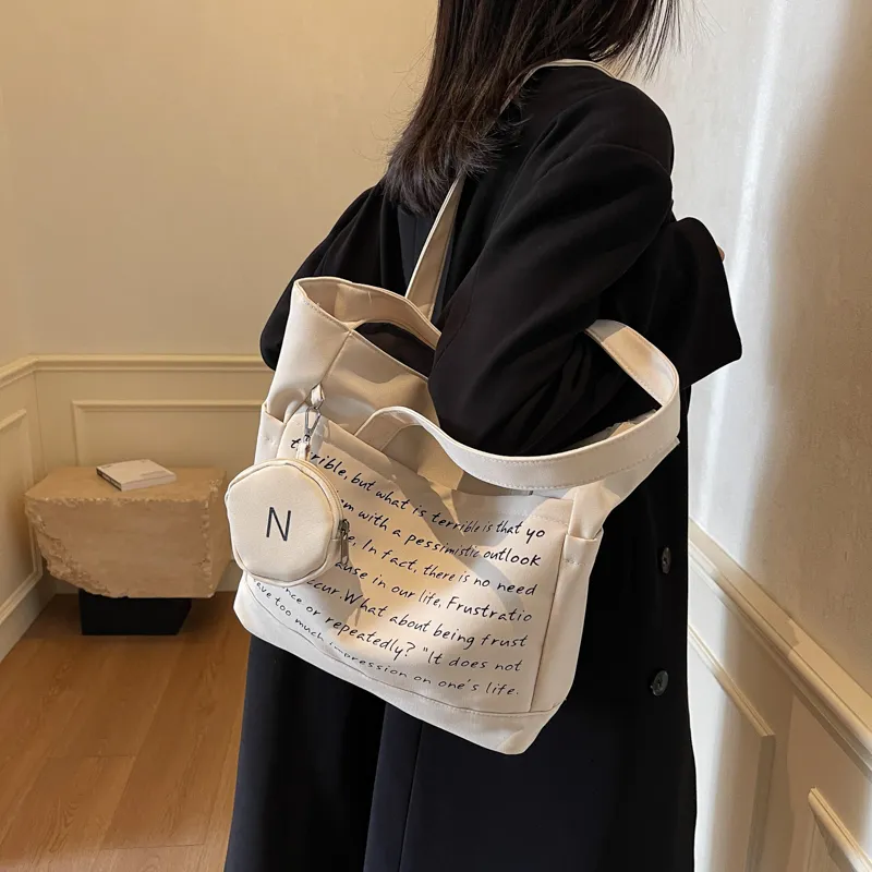 GOBLIN SHARKS 1759 Fabric Tote Bag Shopping Bag Shoulder Bags Unisex Ecru/Black/Khaki-3