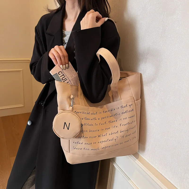 GOBLIN SHARKS 1759 Fabric Tote Bag Shopping Bag Shoulder Bags Unisex Ecru/Black/Khaki-17