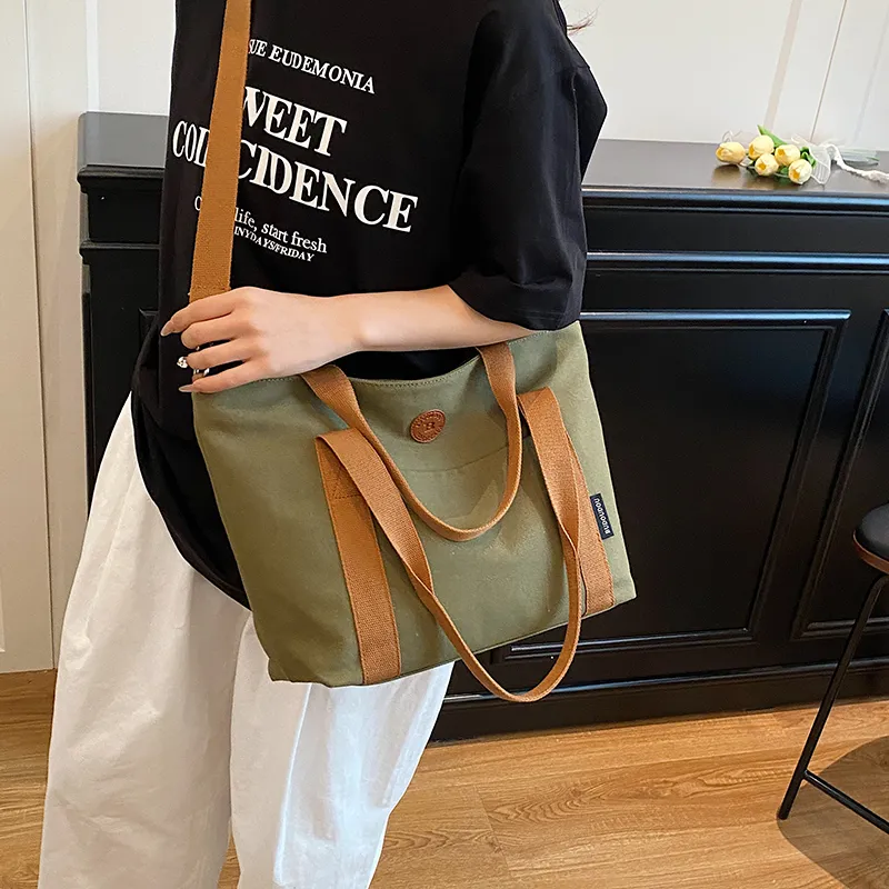 GOBLIN SHARKS 1759 Canvas Bag, Shoulder Bag Medium Size Unisex White/Khaki/Green/Dark Gray-16