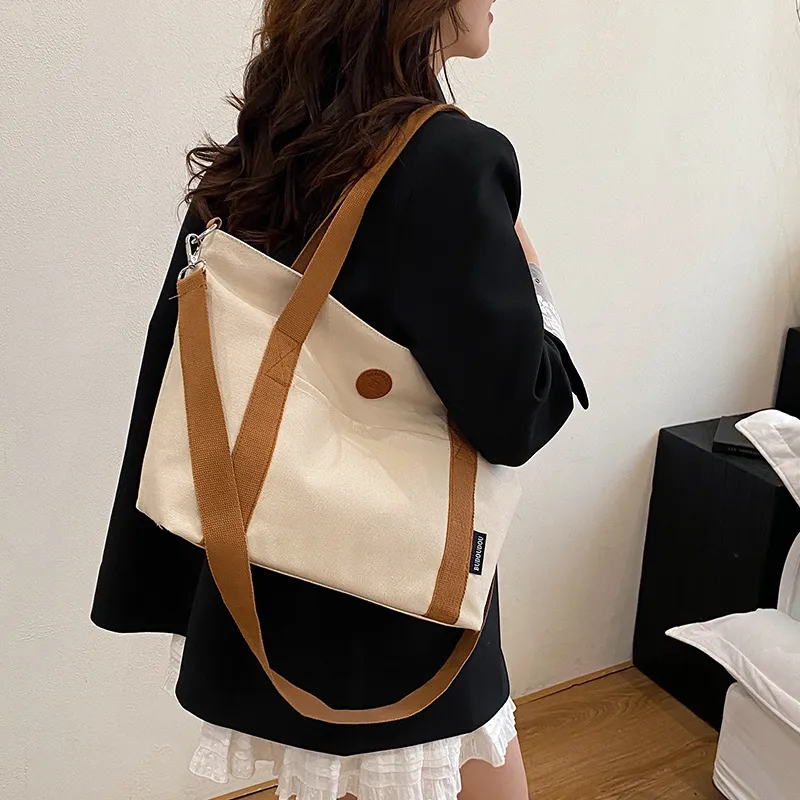 GOBLIN SHARKS 1759 Canvas Bag, Shoulder Bag Medium Size Unisex White/Khaki/Green/Dark Gray-1